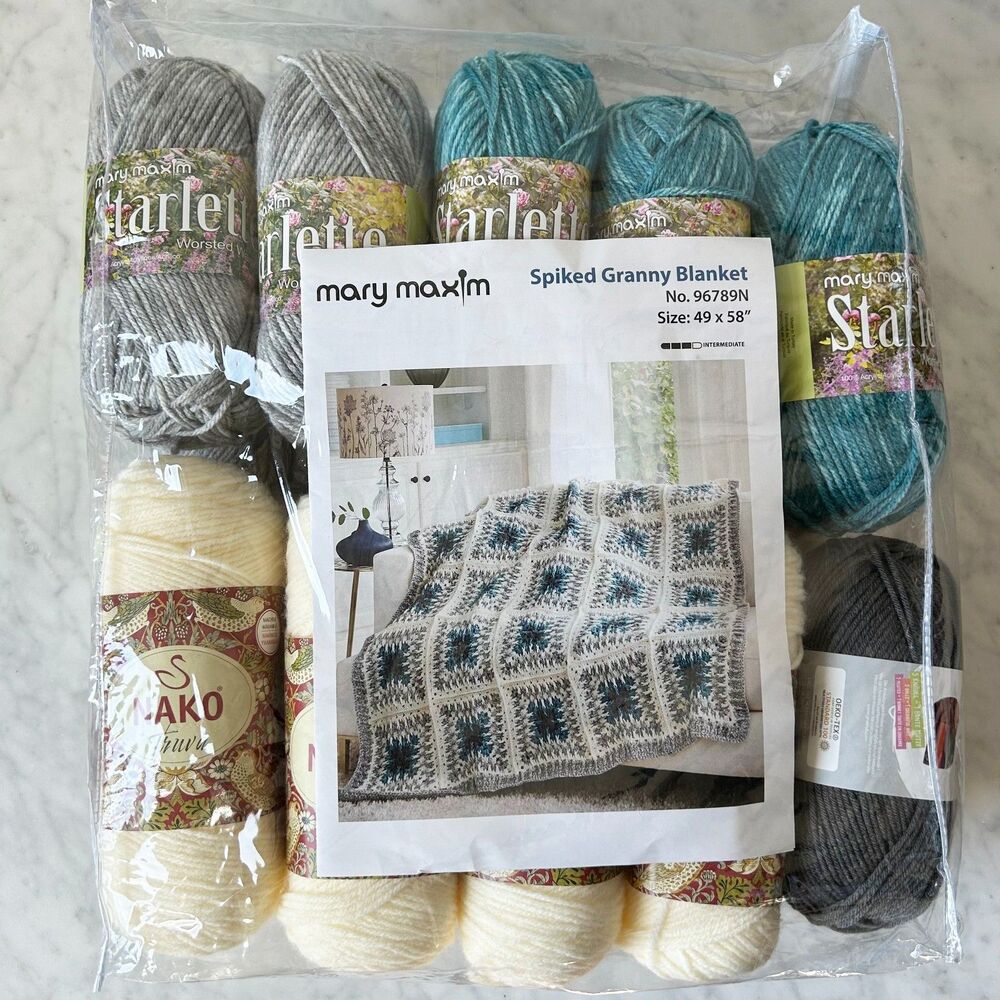 Mary Maxim Spiked Granny Blanket Crochet Kit - Grey Teal Natural Yarn 49 x 58